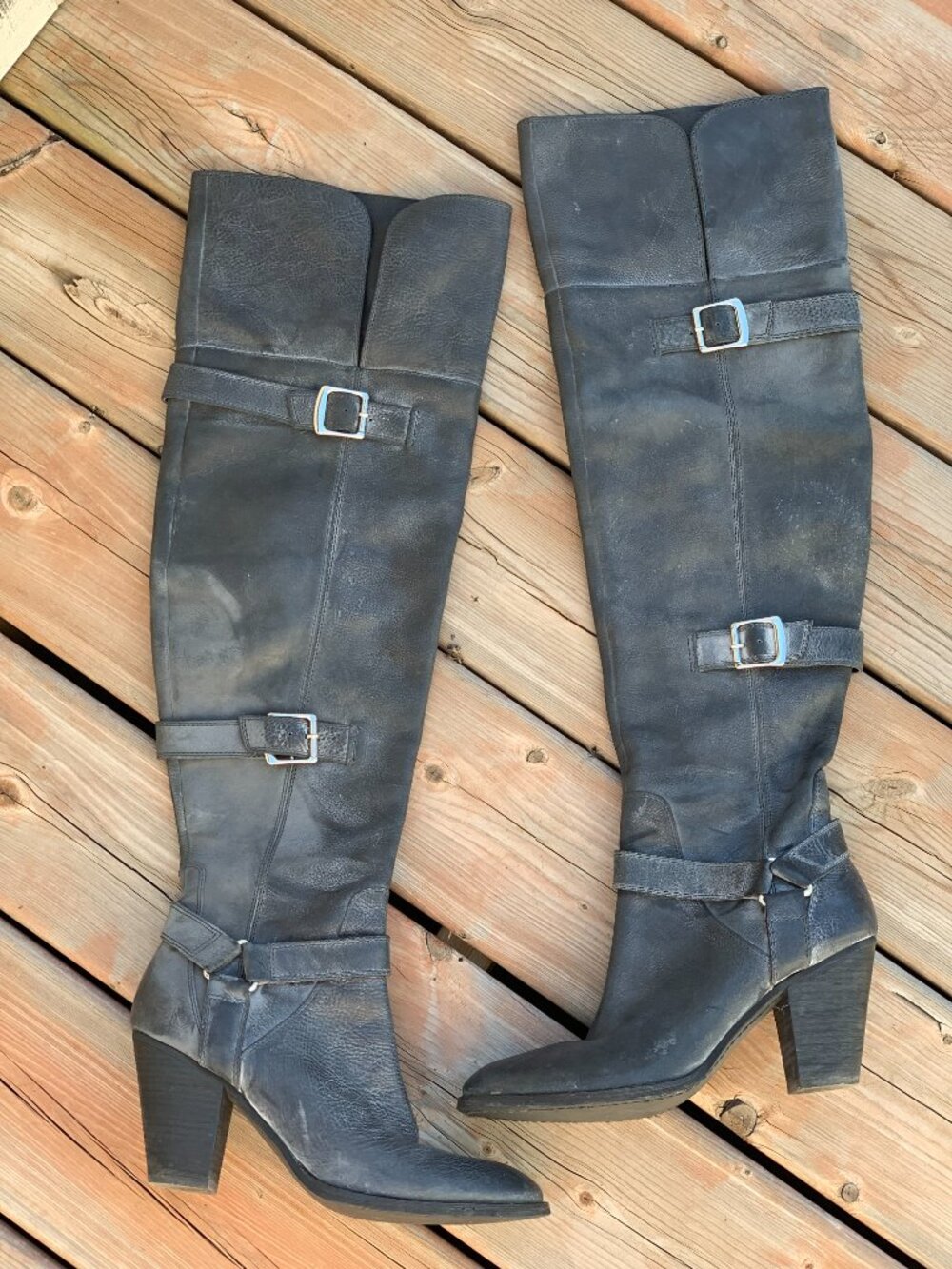 Enzo Angiolini Riding Boots 8.5 Gray Distressed Leather Over the Knee Harness